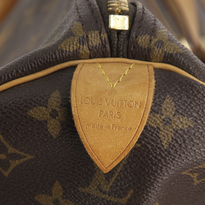 Sac de voyage Louis Vuitton Keepall 60 cm en toile monogram marron et cuir naturel - Detail D3