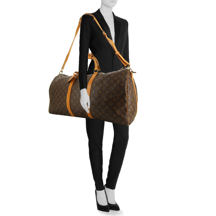 Sac de voyage Louis Vuitton Keepall 55 cm en toile monogram et cuir naturel - Detail D1
