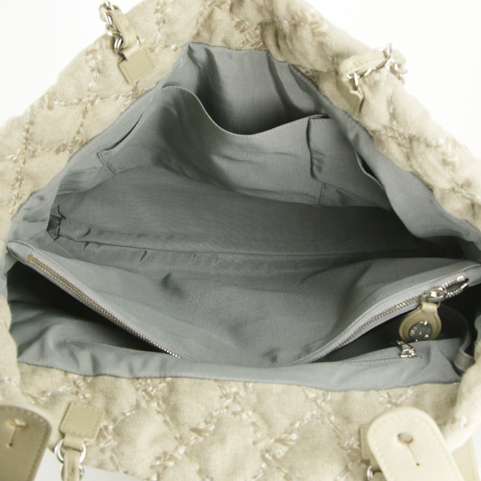 Borsa in tela di juta beige e pelle beige - Detail D2