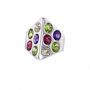 Bague époque années 80 Vintage en or blanc,  diamants et tourmalines roses, en péridots et en améthystes