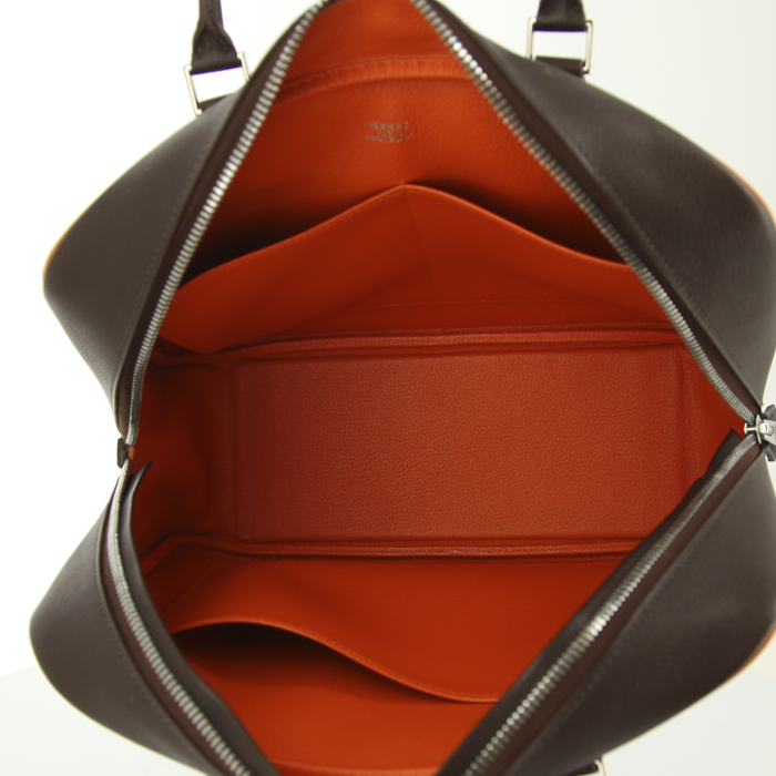 Sac à main Hermes Plume moyen modèle en cuir epsom marron et jonc orange - Detail D2