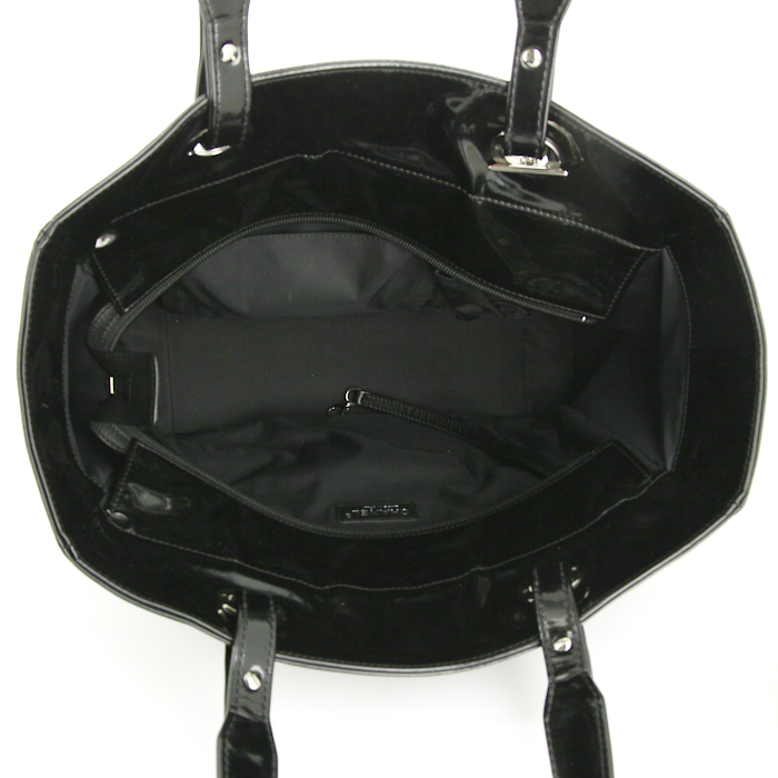 Sac à main Chanel Grand Shopping en cuir vernis noir et tissu gris anthracite - Detail D2