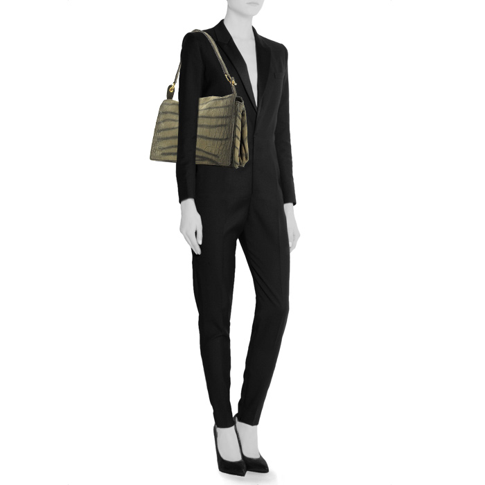 Borsa Saint Laurent Catwalk in camoscio grigio simil coccodrillo - Detail D1