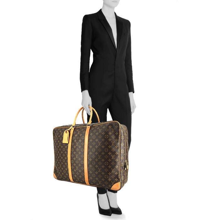 Borsa da viaggio Louis Vuitton Sirius in tela monogram cerata marrone e pelle naturale - Detail D1