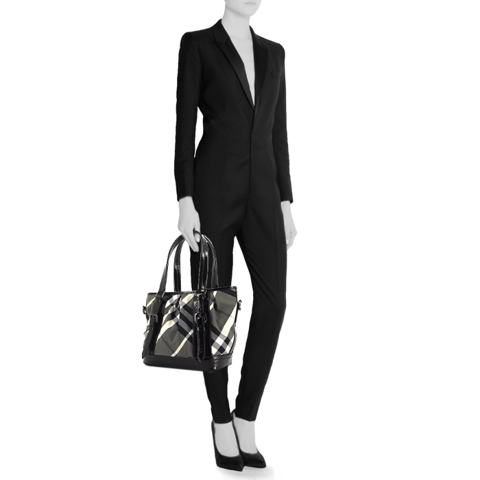 Shopping bag in black, grey and white Haymarket canvas and black patent leather - Detail D1