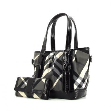 Shopping bag in black, grey and white Haymarket canvas and black patent leather