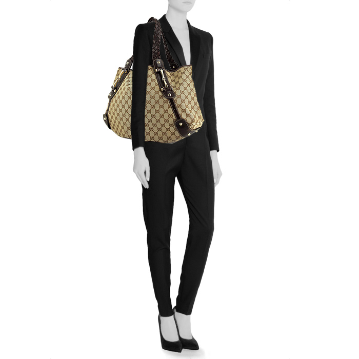 Gucci Pelham shopping bag in beige monogram canvas and brown leather - Detail D1
