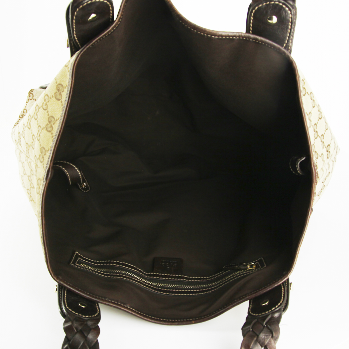 Shopping bag Gucci Pelham in tela monogram beige e pelle marrone - Detail D2