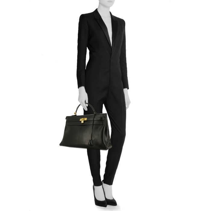 Sac à main Hermes Kelly 40 cm en cuir box noir - Detail D1
