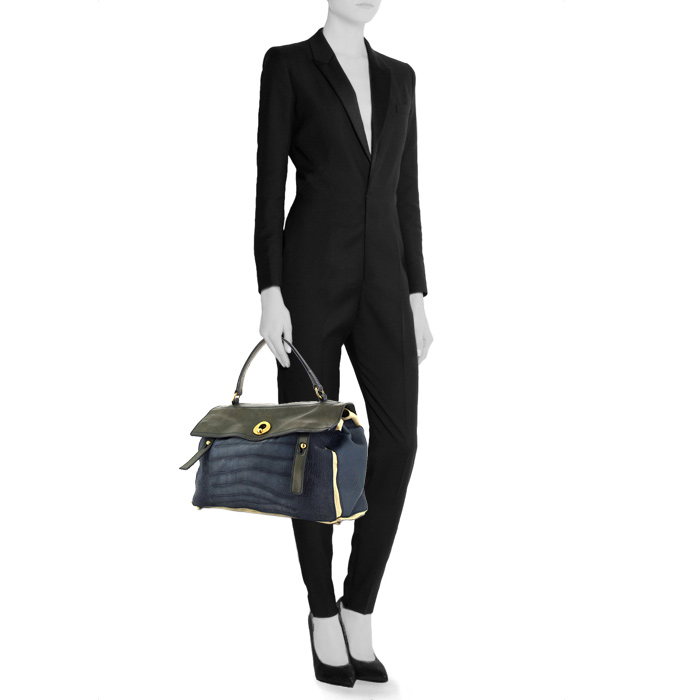 Yves Saint Laurent Muse Two handbag in blue and green leather and beige canvas - Detail D1
