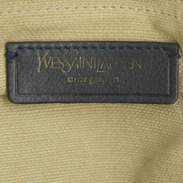 Yves Saint Laurent Muse Two handbag in blue and green leather and beige canvas - Detail D3