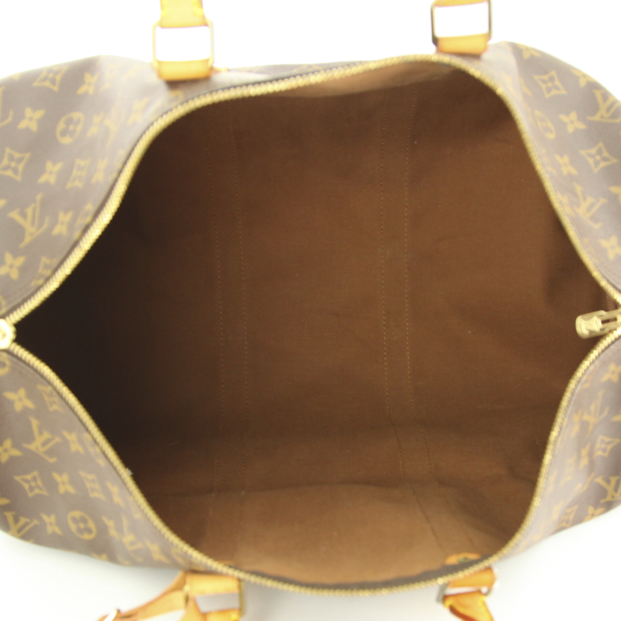 Bolsa de viaje Louis Vuitton en lona Monogram revestida marrón y cuero natural - Detail D3