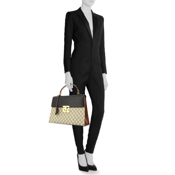 Gucci Padlock Suprême GG handbag in brown and black leather and beige monogram canvas - Detail D1