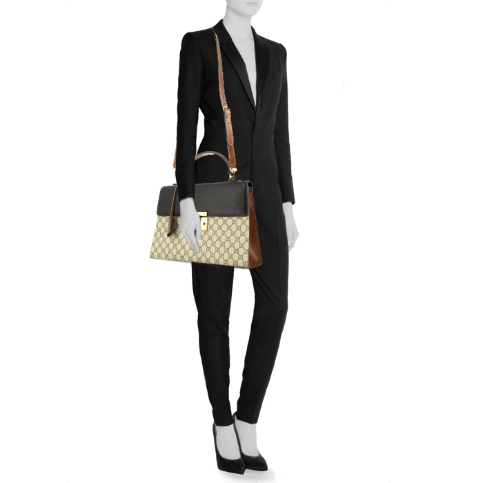 Gucci Padlock Suprême GG handbag in brown and black leather and beige monogram canvas - Detail D2