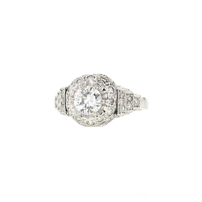 Bague solitaire époque années 50 Vintage en or blanc et diamants