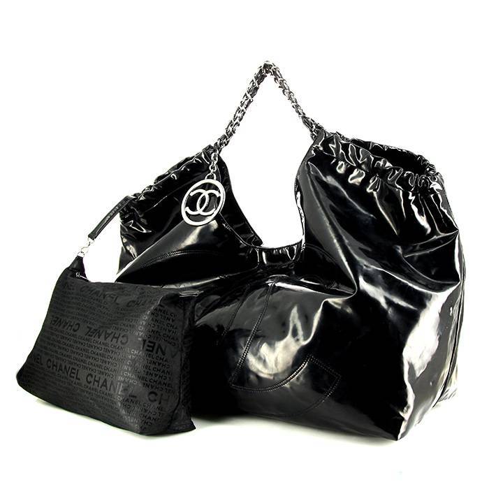 Black Patent Leather and Lambskin Large Brooklyn Cabas Tote Silver