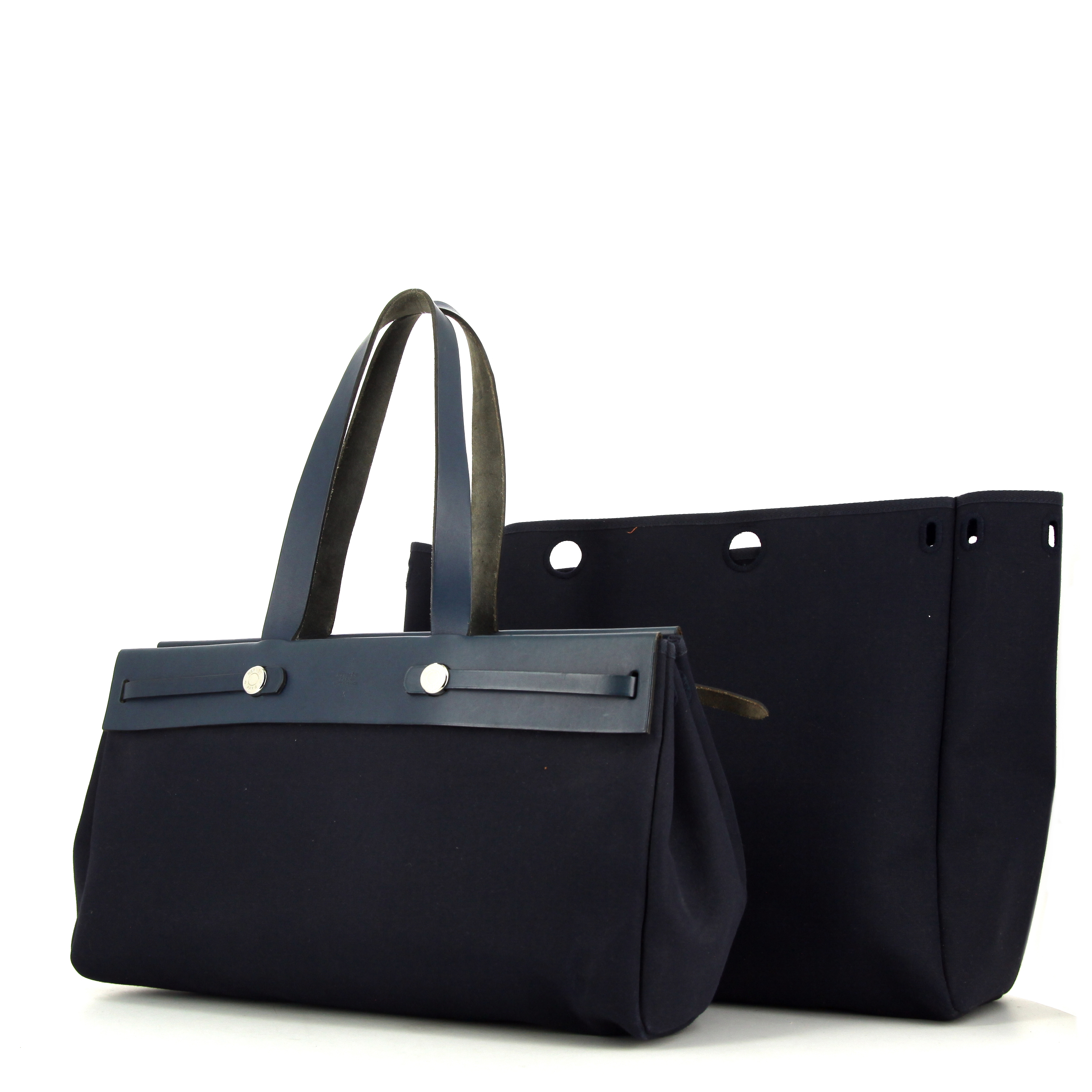Shopping bag Hermes Herbag in tela blu marino e pelle blu - Detail D2