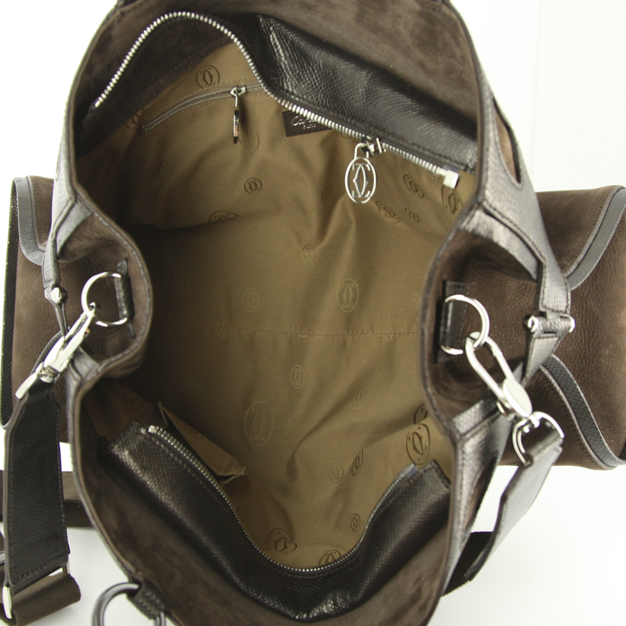 Cartier Marcello large model handbag in dark brown glittering leather and chocolate brown suede - Detail D3