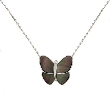 Collana Van Cleef & Arpels Papillon in oro bianco,  madreperla grigia argentata e diamanti