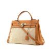 Hermes Kelly 32 cm handbag in gold box leather and beige canvas - 00pp thumbnail