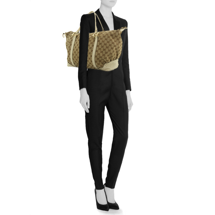 Bolso de fin de semana Gucci en lona Monogram beige y cuero blanquecino - Detail D1