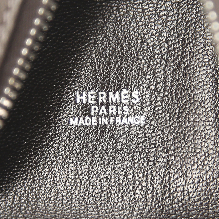 Hermes Plume handbag in dark brown Barenia leather and beige canvas - Detail D3