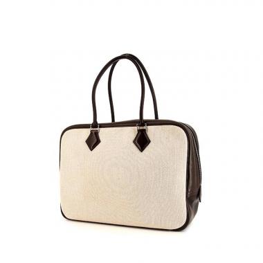 Bolso de mano Hermes Plume en cuero Barenia marrón oscuro y lona beige