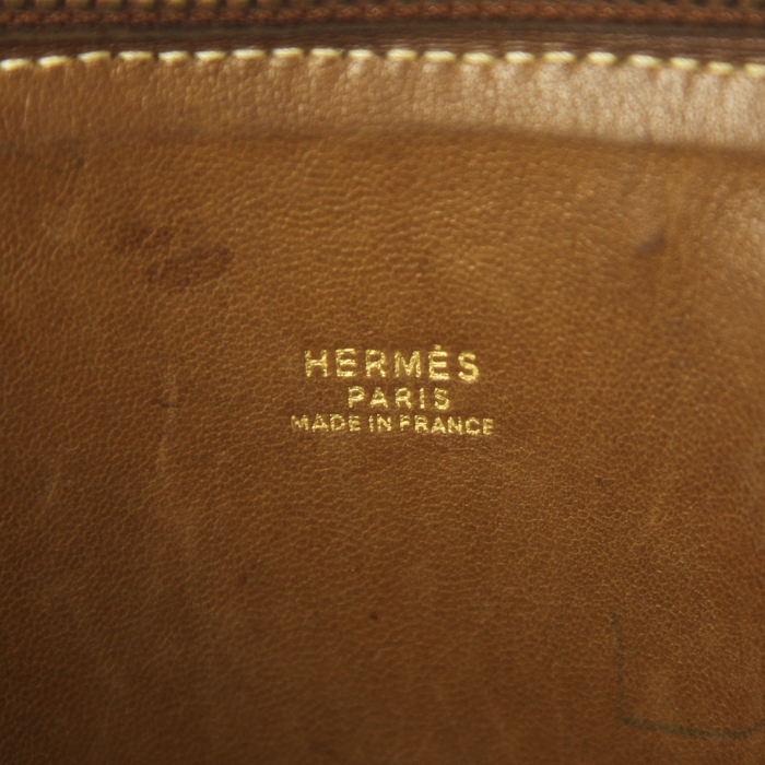 Hermes Bolide large model handbag in gold Barenia leather and beige canvas - Detail D4