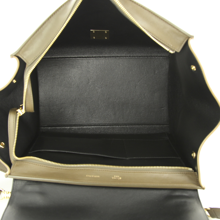 Celine Trapeze medium model handbag in khaki and beige suede and black leather - Detail D3