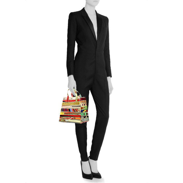 Sac cabas Hermes en soie multicolore rouge verte et jaune et plastique transparent - Detail D1