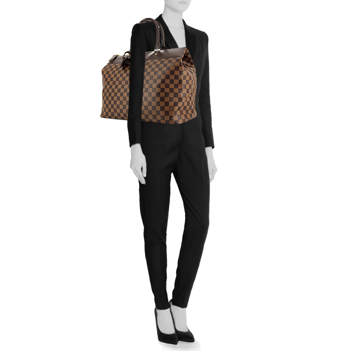 Greenwich large model travel bag in ebene damier canvas and brown leather - Detail D1