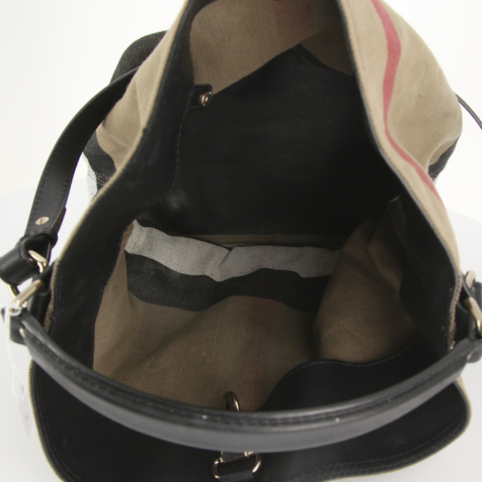 Borsa Burberry in tela Haymarket beige bianca e nera e pelle nera - Detail D3