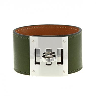 Bracelet Hermes Kelly en cuir vert-kaki et palladium