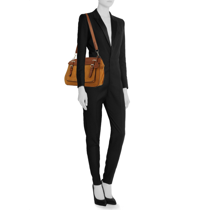 Borsa a tracolla Ralph Lauren Ricky in pelle marrone caramello e camoscio gold - Detail D1