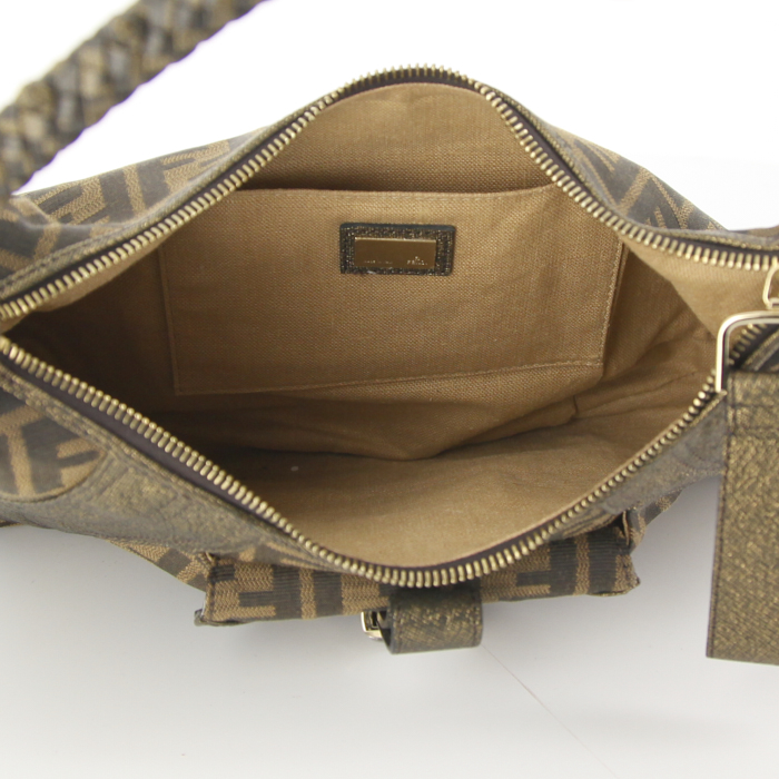 Sac à main Fendi en toile monogram marron-foncé et mordorée et cuir tressé mordoré - Detail D2