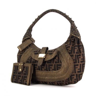Fendi handbag in dark brown and golden brown monogram canvas and golden brown braided leather