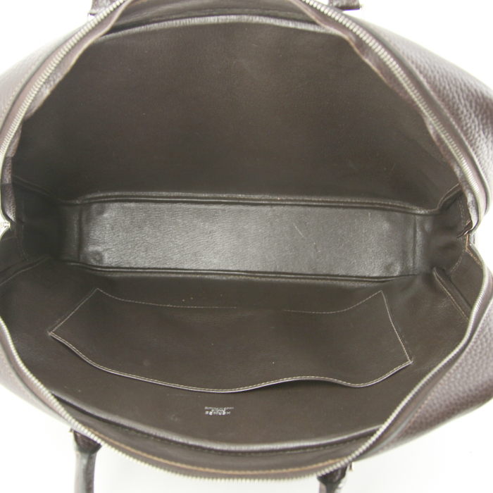 Borsa portadocumenti Hermes Plume in tela marrone e pelle martellata marrone - Detail D2