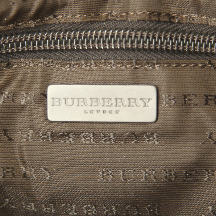 Borsa da spalla o a mano Burberry in tela cerata Haymarket beige e pelle marrone scuro - Detail D3