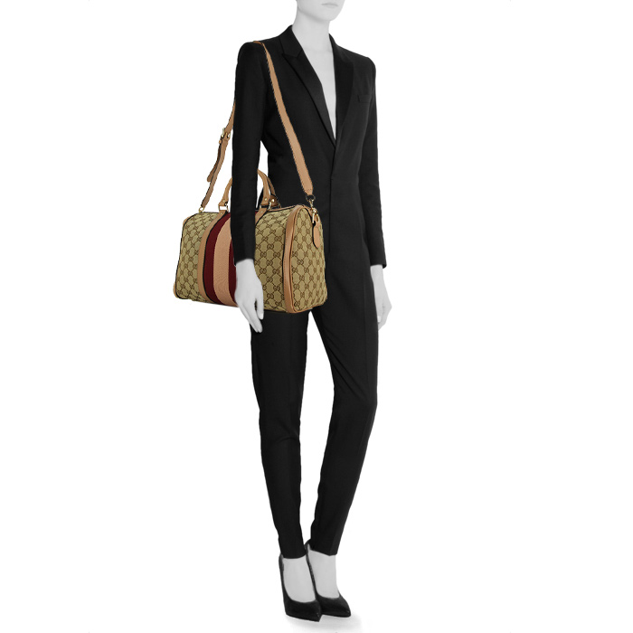 Sac à main Gucci Boston en toile monogram beige et cuir rose - Detail D1