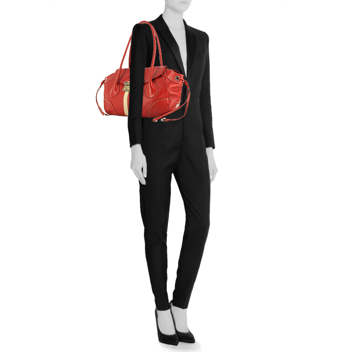 Prada handbag in red grained leather and beige canvas - Detail D1
