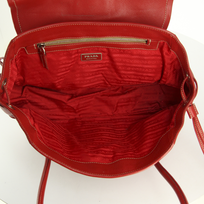 Borsa Prada in pelle martellata rossa e tessuto beige - Detail D2