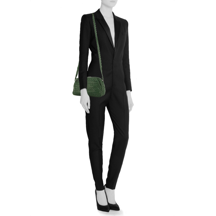 Borsa a tracolla Bottega Veneta in pelle intrecciata verde scuro - Detail D1