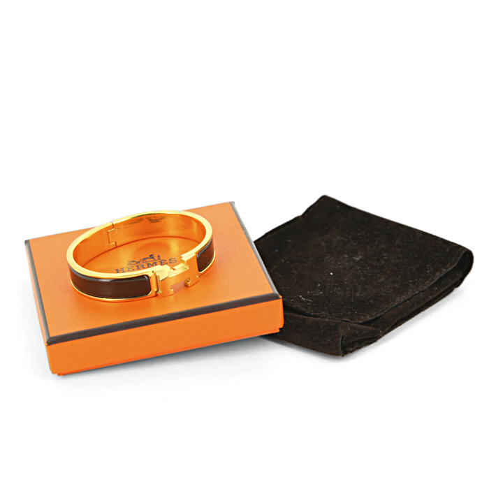Bracciale apribile Hermes Clic Clac modello medio in oro placcato e smalto marrone cioccolato - Detail D2
