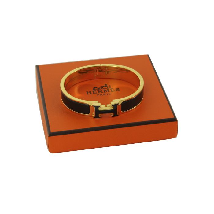 Bracciale apribile Hermes Clic Clac modello piccolo in oro placcato e smalto nero - Detail D2