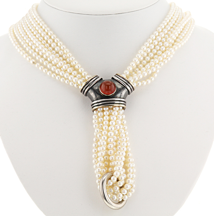 Collana lunga Rene Boivin in perle coltivate bianche,  argento e corniola rossa - Detail D2