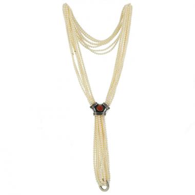 Sautoir époque années 80 Rene Boivin en perles de culture blanches,  argent et cornaline rouge