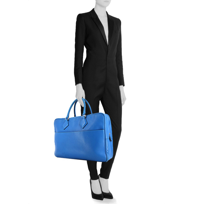 Hermes briefcase in electric blue grained leather - Detail D1