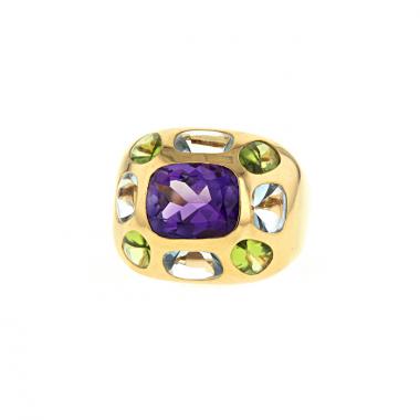 Anello Chanel Baroque modello medio in oro giallo,  acquamarina e peridoto e ametista
