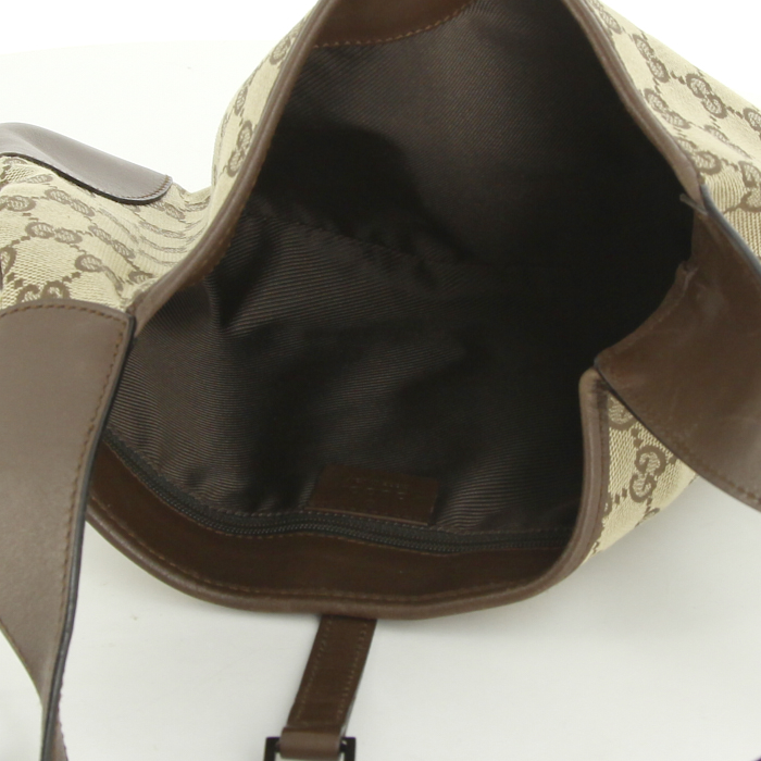 Gucci Jackie handbag in beige monogram canvas and brown leather - Detail D2