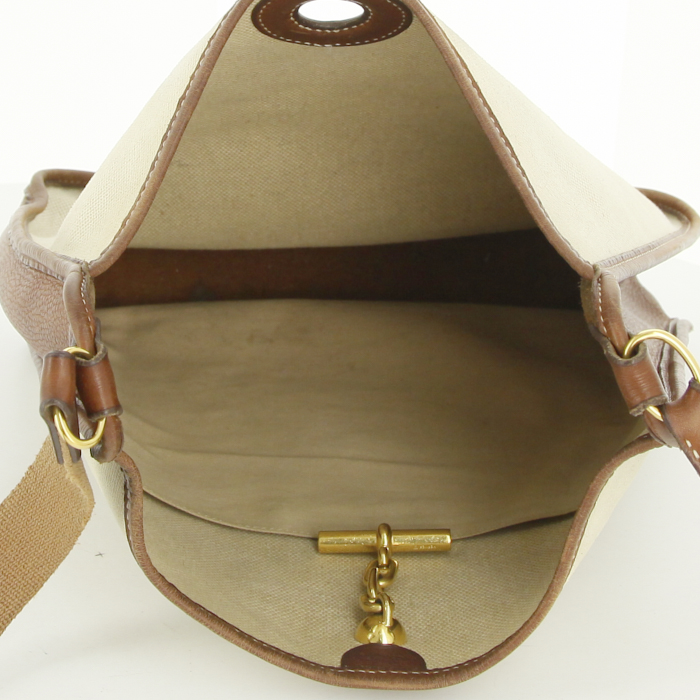 Borsa a spalla Hermes Vespa in pelle marrone e tela beige - Detail D2